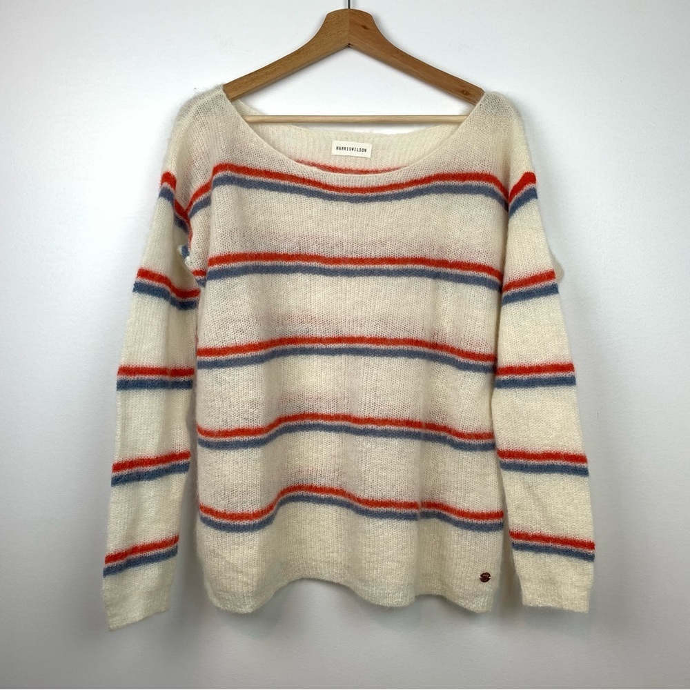 Harris Wilson Knit Sweater Adele Alpaca Striped Red Blue Sz Medium Quiet Luxury